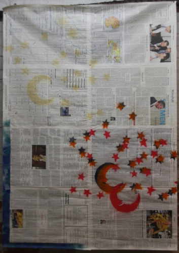 Gabriel Vormstein - Feeling<br /><br />2008<br />Uv-light, spraylaquer, pencils on newspaper<br />155 x 113 cm