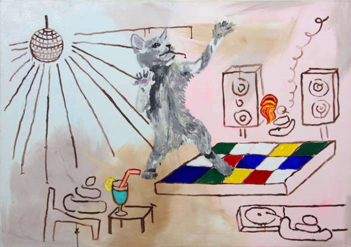<p>Kid Cat Disco</p><p> </p><p>2011<br />Acrylic, oil and glitter on cotton<br />105 x 150 cm</p>