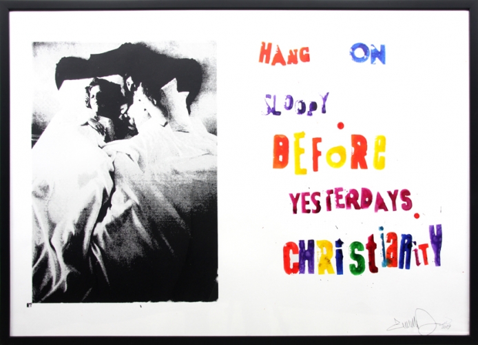 <p>Hang on sloopy before yesterdays Christianity</p><p> </p><p>2009<br />Silkscreen and acrylic on linen<br />73 x 103 x 3 cm</p>
